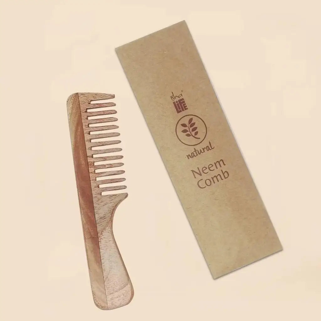 Handmade Neem Wood Comb (Handle model) -Wider Teeth