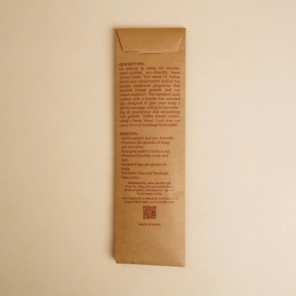 手工印楝木梳(握柄款)- 窄齒