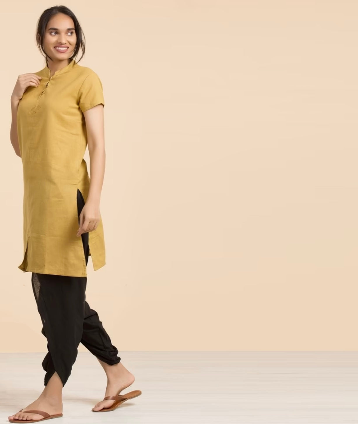 Women's 100% Organic Cotton Kurta with Embroidered "Aum" - Mustard