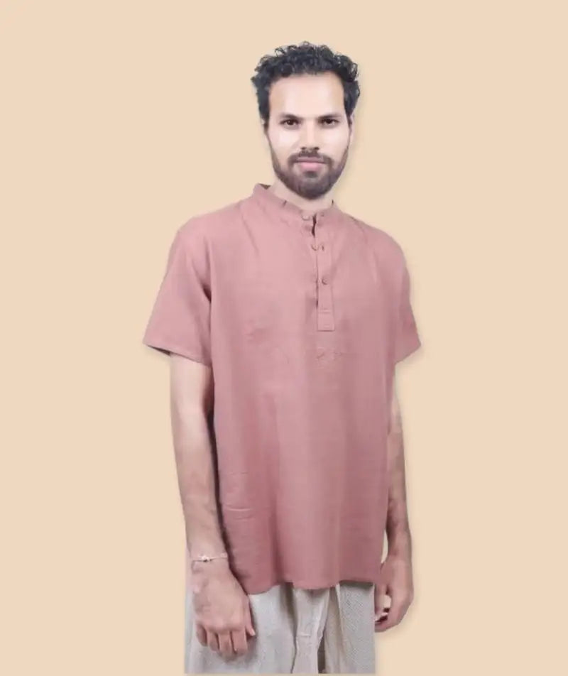 Men’s 100% organic cotton kurta with embroidered (Brick) "Aum". Short sleeved short kurta. Relaxed fit.