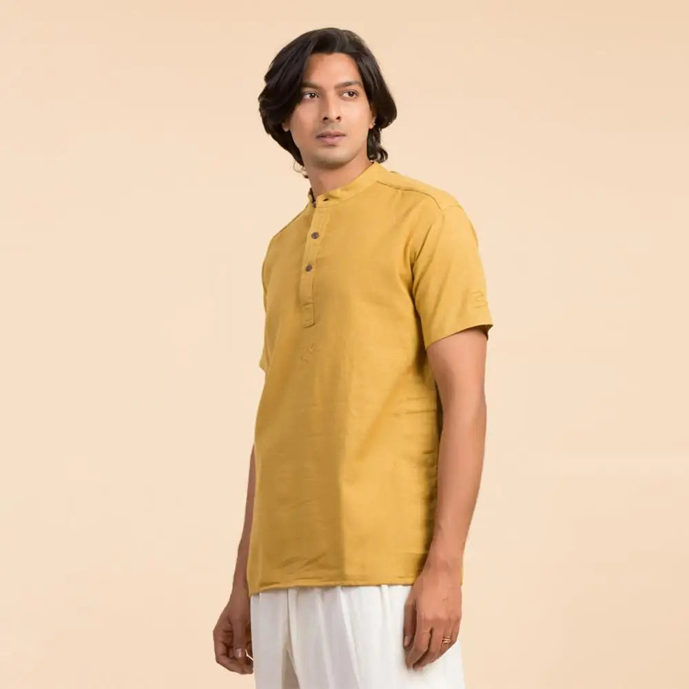 Men’s 100% organic cotton kurta with embroidered (Mustard) "Aum". Short sleeved short kurta. Relaxed fit.