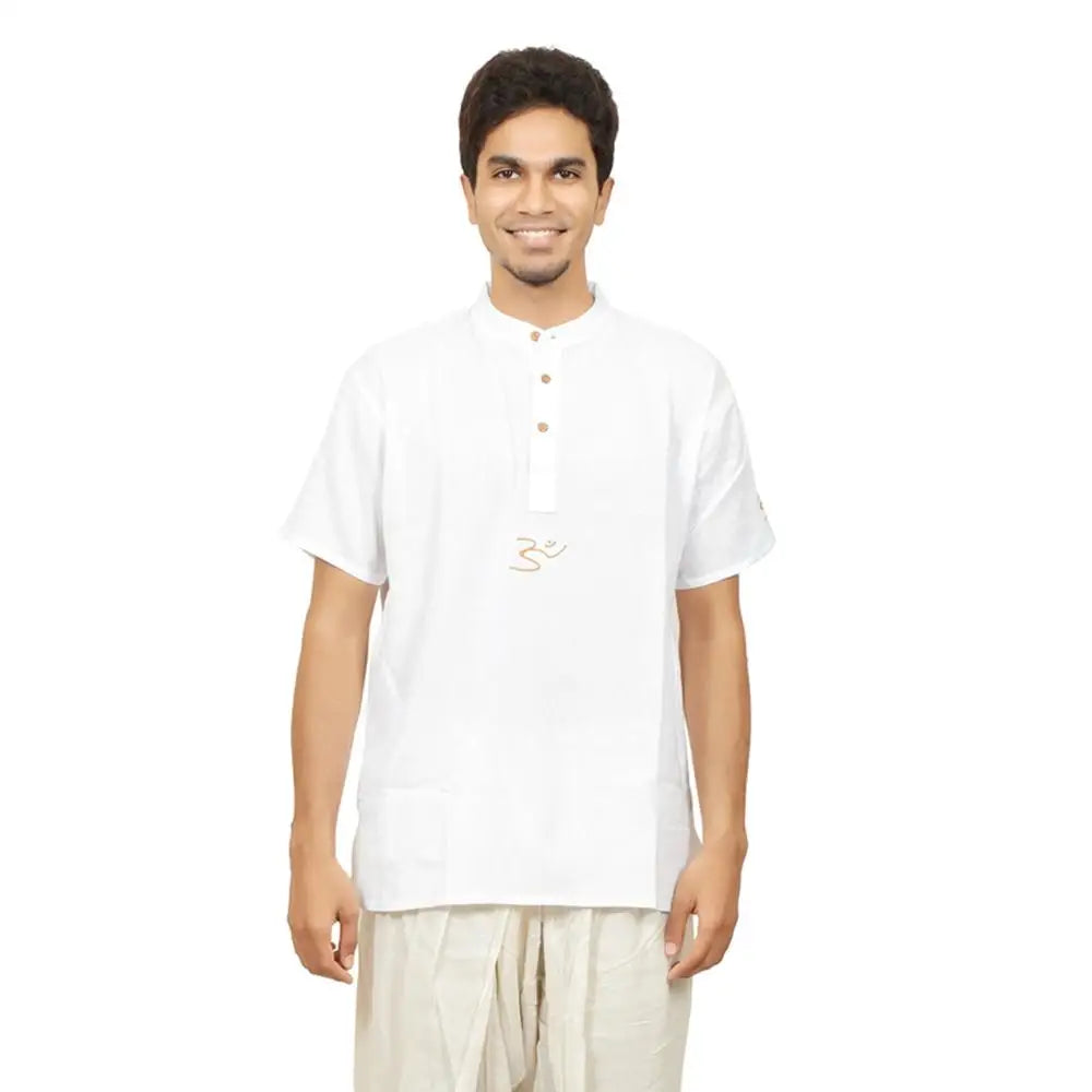 Men’s 100% organic cotton kurta with embroidered (White) "Aum". Short sleeved short kurta. Relaxed fit.