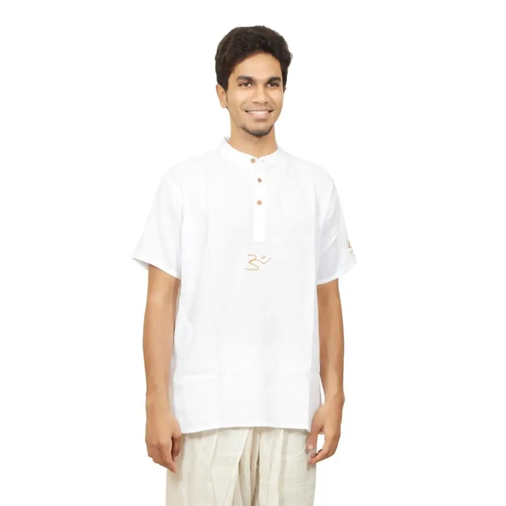 Men’s 100% organic cotton kurta with embroidered (White) "Aum". Short sleeved short kurta. Relaxed fit.
