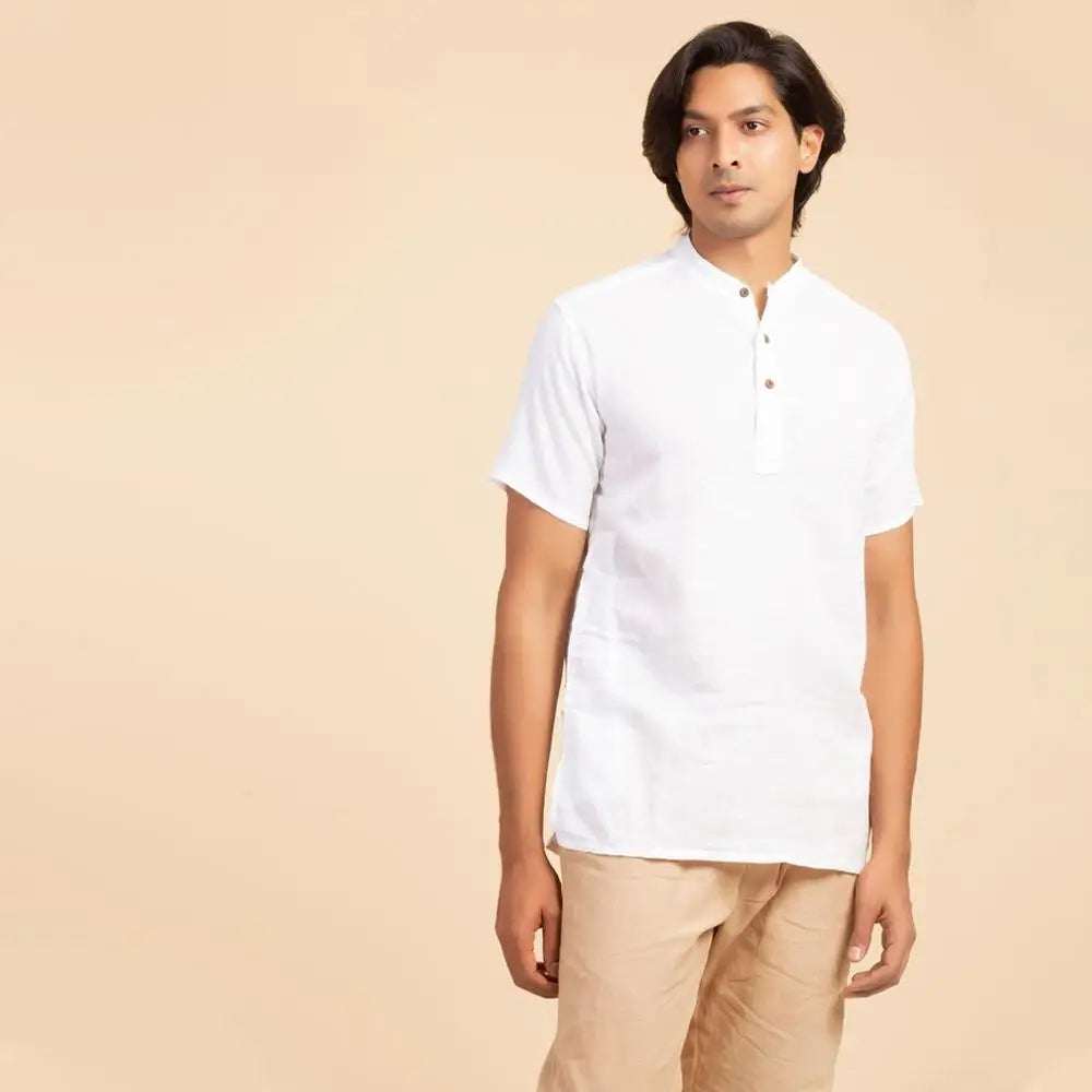 Isha Life Men’s Cotton Linen Kurta. Solid white. Half sleeves. Minimalist design. Natural fibers.