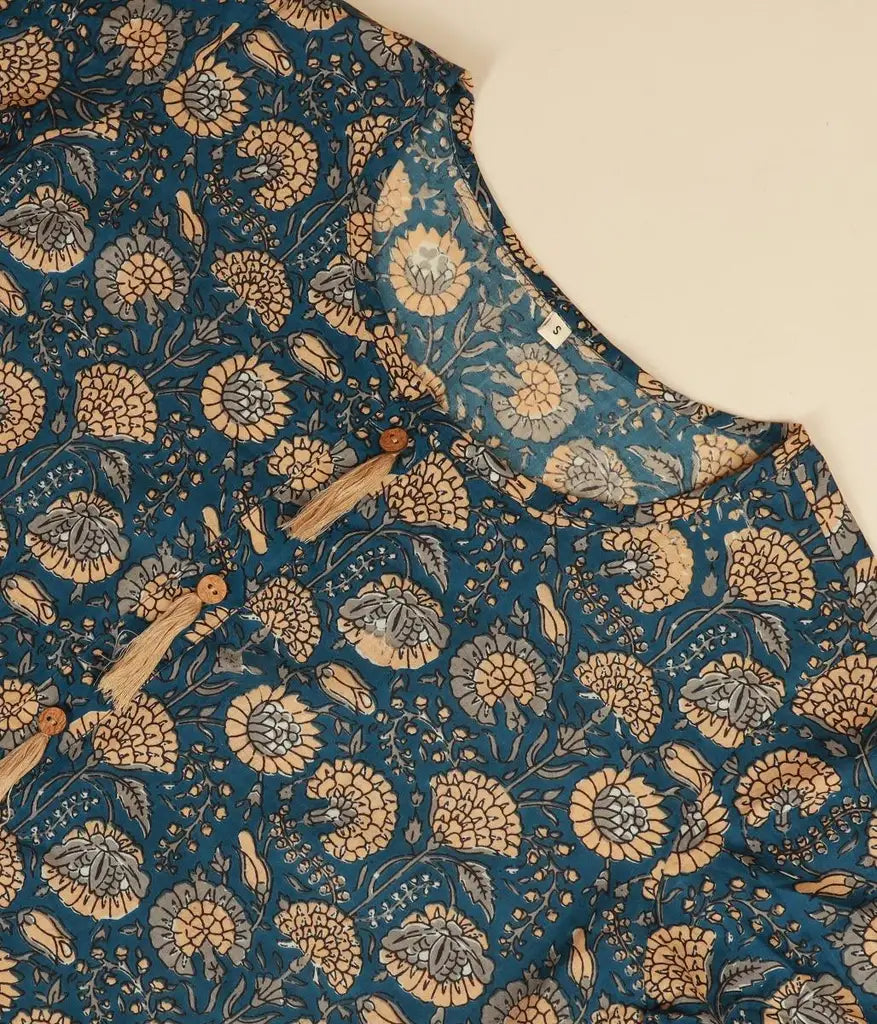 Womens Cotton Handblock Printed Short Kurta- Blue. A festive gift.