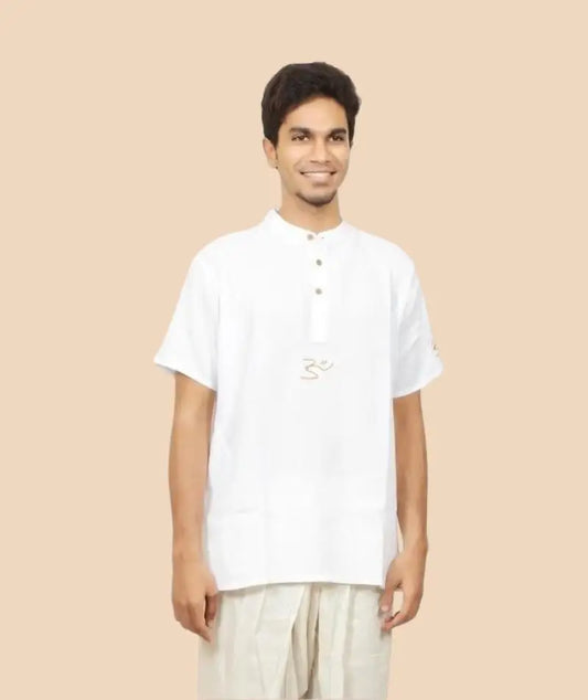 男款 100% 有機棉 Kurta 繡有 “Aum”- 白色