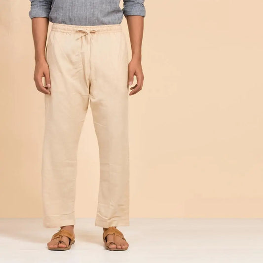 Men's Organic Cotton Drawstring Pants (Beige). Breathable fabric. Comfortable for Sadhana.