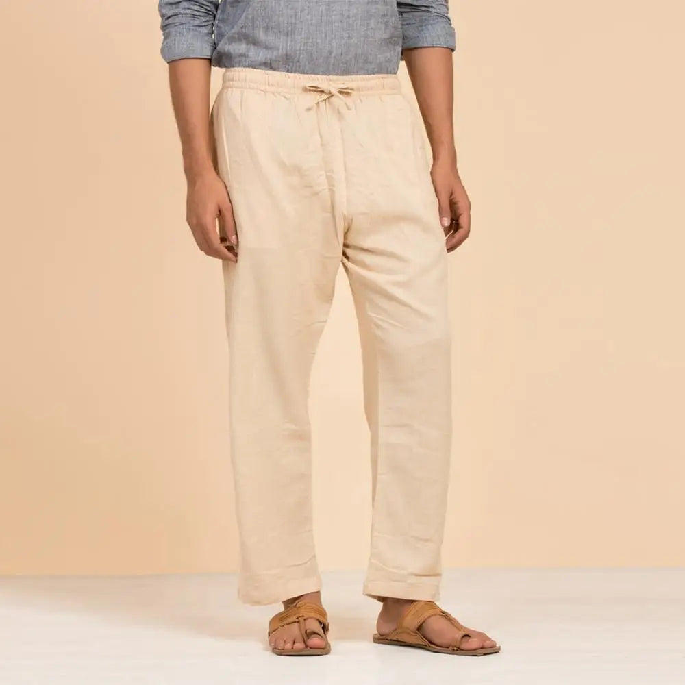 Men's Organic Cotton Drawstring Pants (Beige). Breathable fabric. Comfortable for Sadhana.