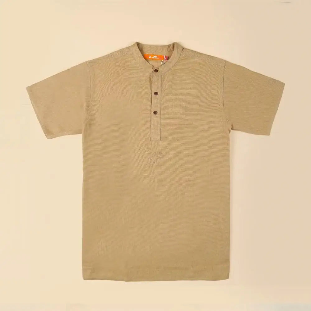 Men’s 100% organic cotton kurta with embroidered (Beige) "Aum". Short sleeved short kurta. Relaxed fit.