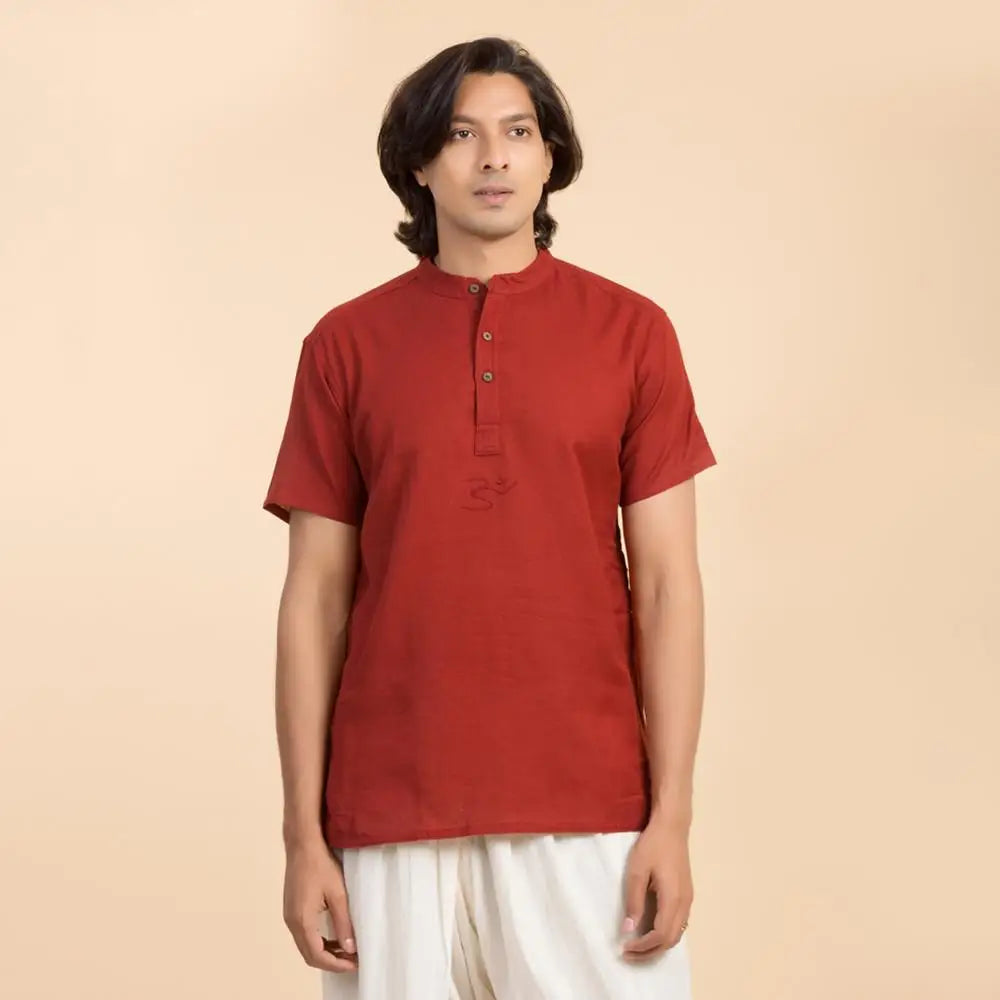 男款 100% 有機棉 Kurta 繡有“Aum” - 栗色