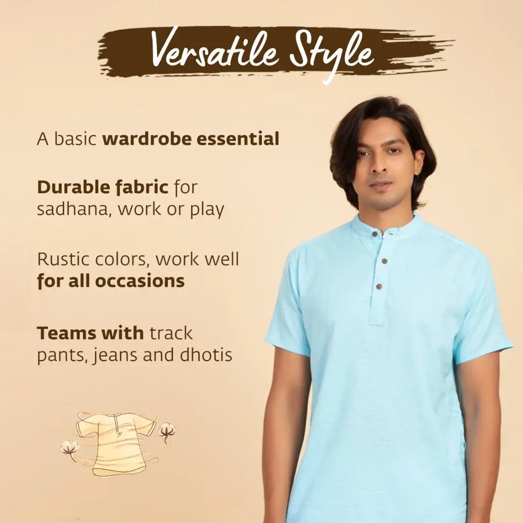 Men’s 100% organic cotton kurta with embroidered (Navy) "Aum". Short sleeved short kurta. Relaxed fit.
