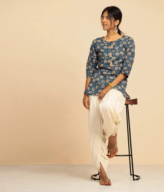 女款棉質手工印花短版 Kurta - 藍色（節日禮物）
